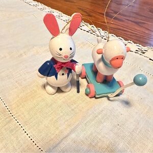 Charming Wooden Bunny and Lamb wooden Easter ornament Set